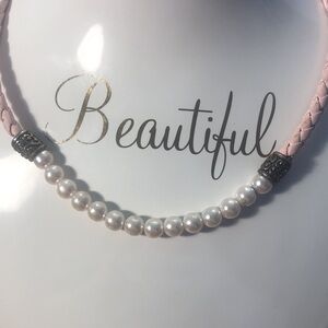 Woman’s Pearls and Braided corded soft pink leather silver tone necklace
